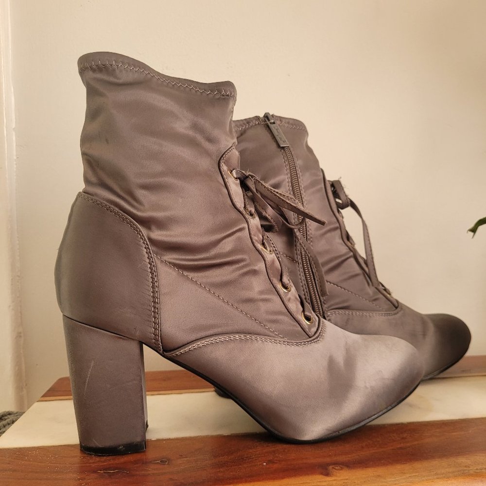 Grey, Satin, heeled Boots Size 11